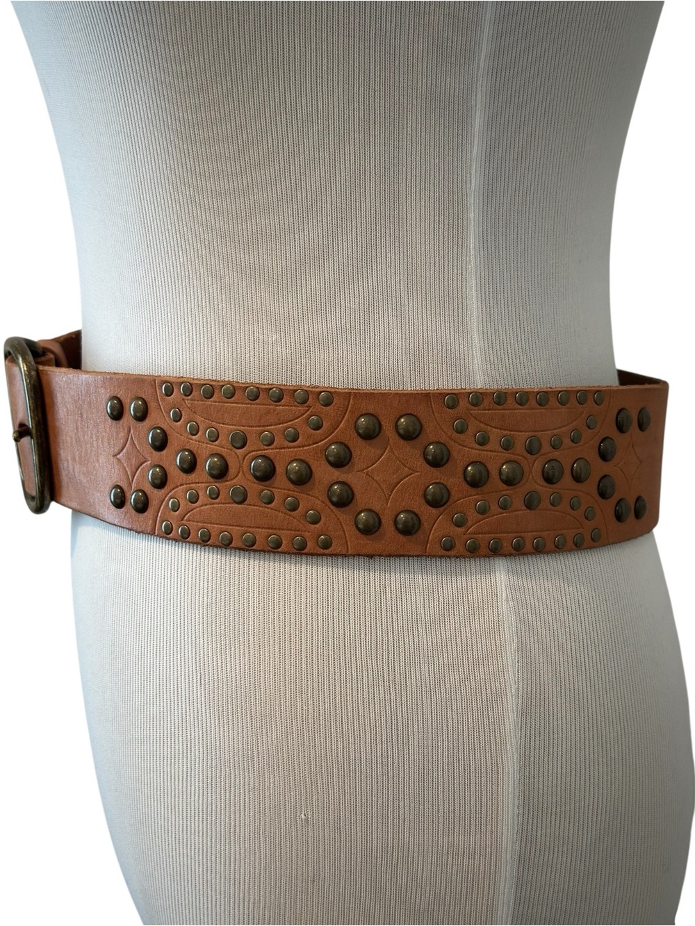Wide Brown Leather Studded Waist Belt with Brass Buckle - Picture 5 of 14